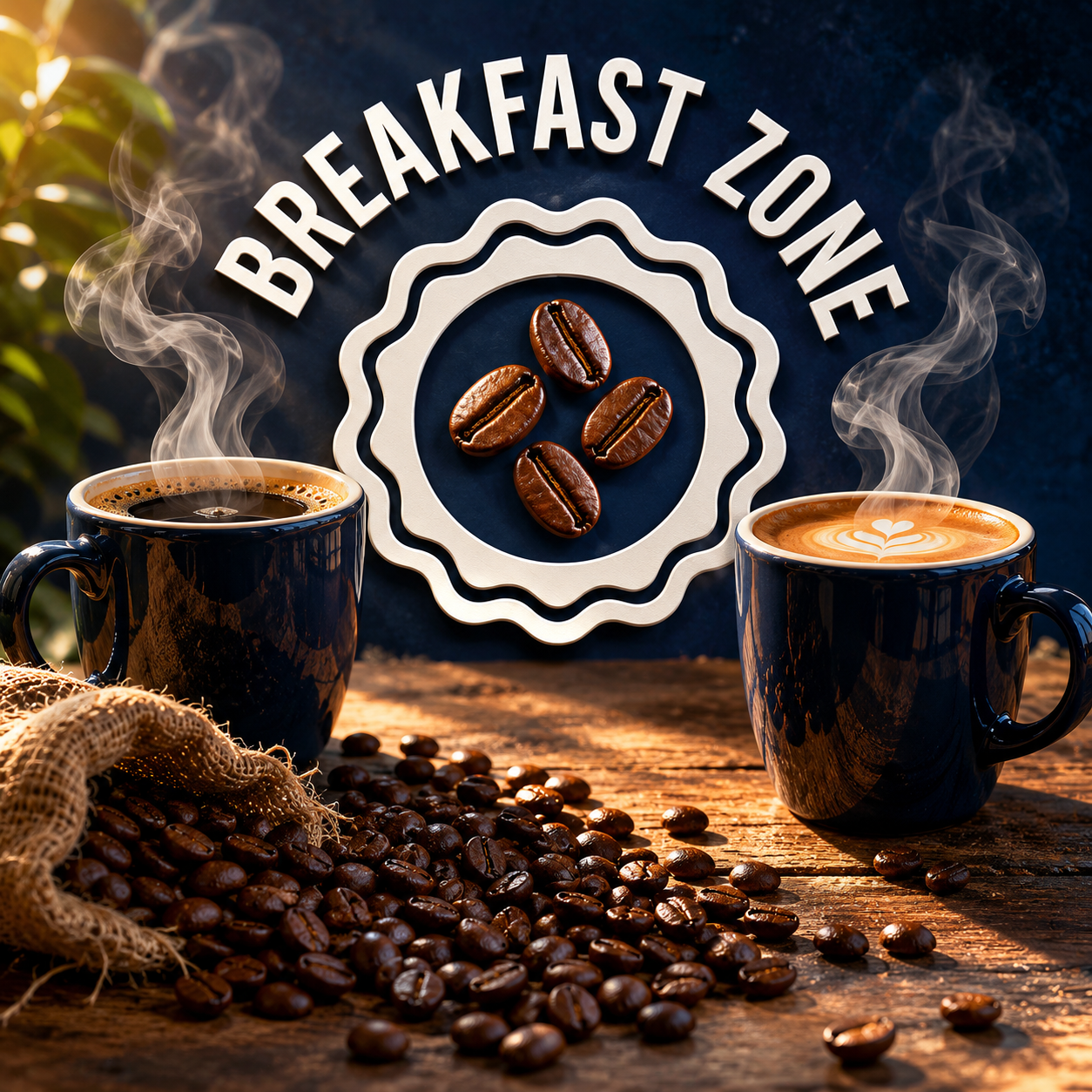 Breakfast Zone Cafe logo — coffee beans and steaming mugs